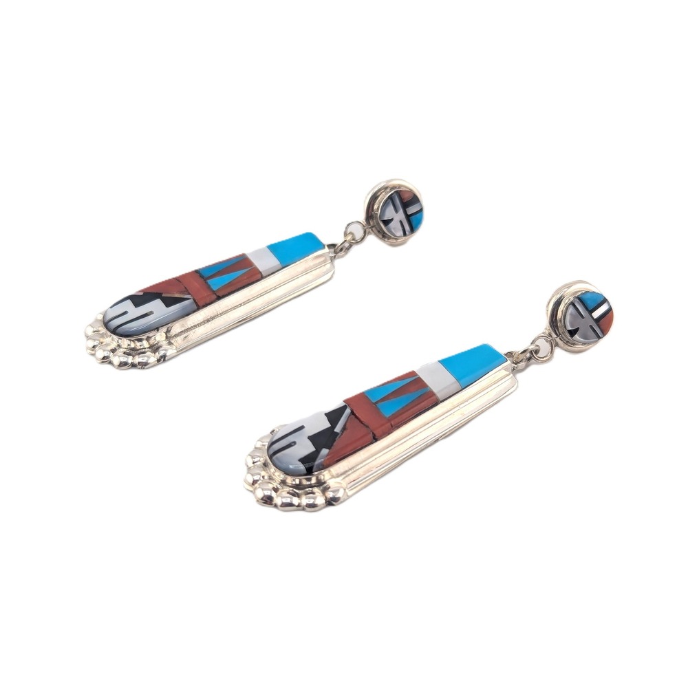 Zuni Multi Stone Inlay Turquoise Drop Earrings Native American Sterling Jewelry* - Picture 3 of 12